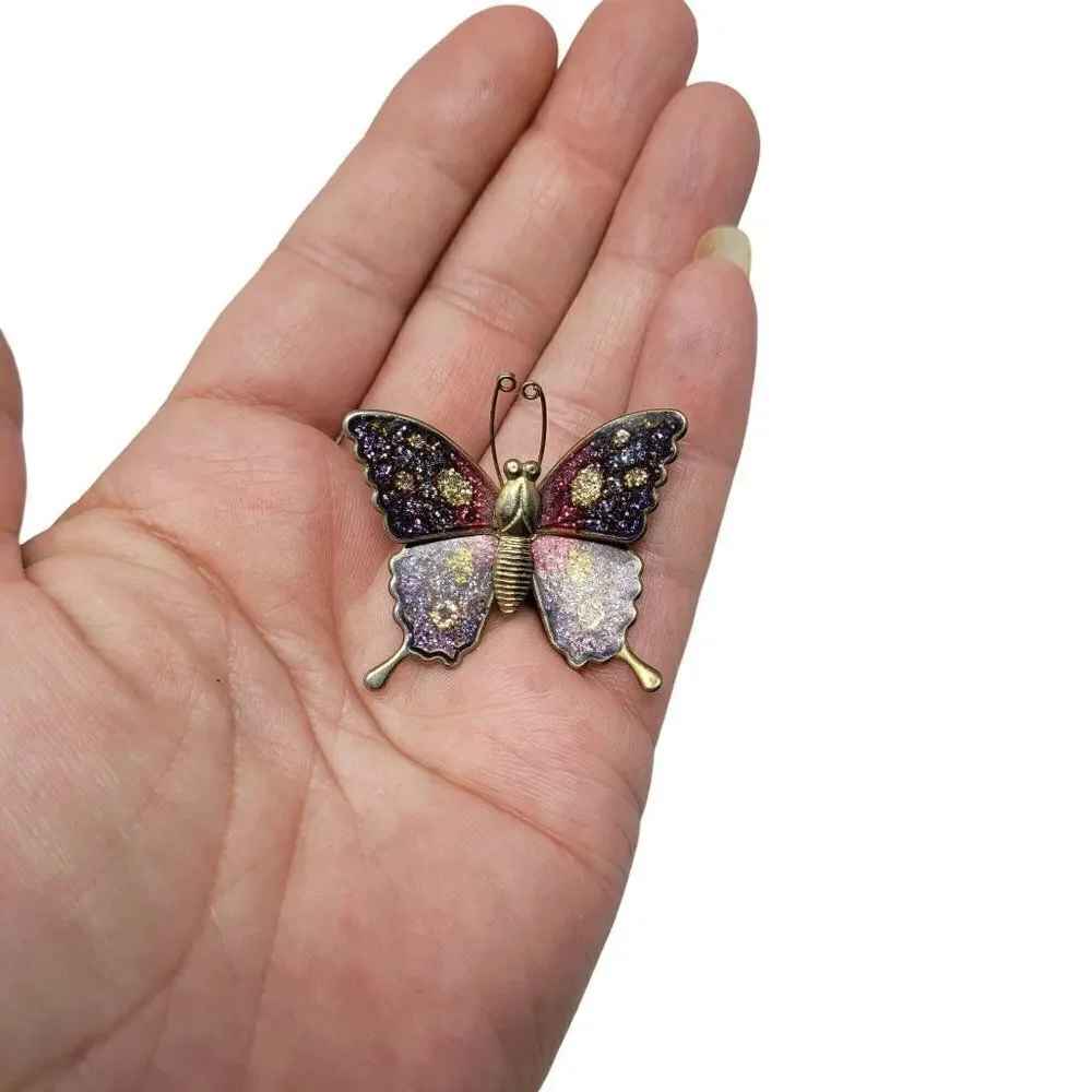 Vintage Gold Tone Purple Sparkle Confetti Enamel Butterfly Brooch‎ Pin Pendant